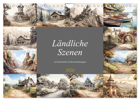 Ländliche Szenen in kolorierten Federzeichnungen (Wandkalender 2026 DIN A4 quer), CALVENDO Monatskalender