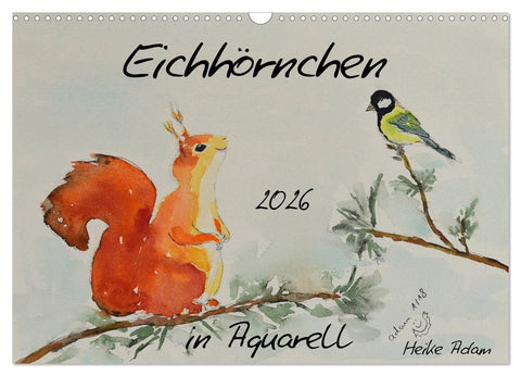 Eichhörnchen in Aquarell (Wandkalender 2026 DIN A3 quer), CALVENDO Monatskalender