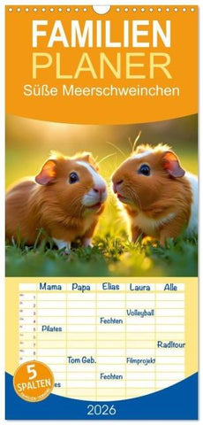 Familienplaner 2026 - Süße Meerschweinchen mit 5 Spalten (Wandkalender, 21 x 45 cm) CALVENDO