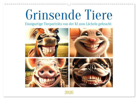 Grinsende Tiere - Tierporträts von der KI zum Lächeln gebracht (Wandkalender 2026 DIN A2 quer), CALVENDO Monatskalender