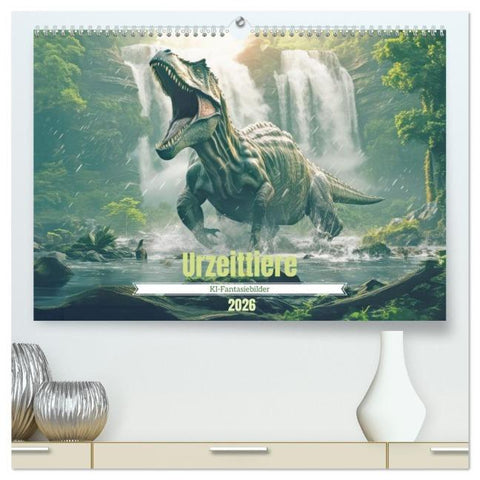 Urzeittiere - KI-Fantasiebilder (hochwertiger Premium Wandkalender 2026 DIN A2 quer), Kunstdruck in Hochglanz