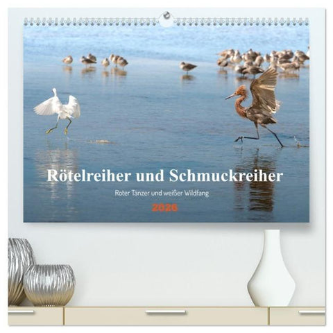 Rötelreiher und Schmuckreiher (hochwertiger Premium Wandkalender 2026 DIN A2 quer), Kunstdruck in Hochglanz