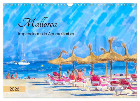 Mallorca - Impressionen in Aquarellfarben (Wandkalender 2026 DIN A3 quer), CALVENDO Monatskalender
