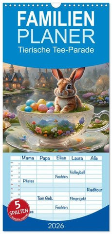 Familienplaner 2026 - Tierische Tee-Parade mit 5 Spalten (Wandkalender, 21 x 45 cm) CALVENDO