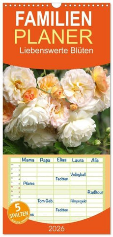 Familienplaner 2026 - Liebenswerte Blüten mit 5 Spalten (Wandkalender, 21 x 45 cm) CALVENDO