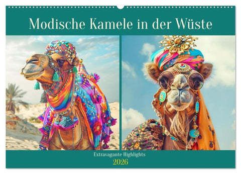 Modische Kamele in der Wüste. Extravagante Highlights (Wandkalender 2026 DIN A2 quer), CALVENDO Monatskalender