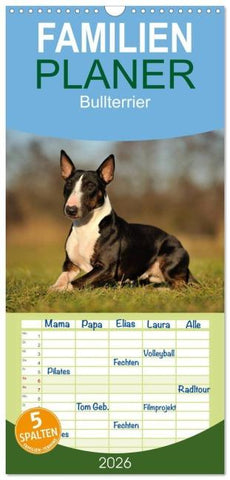 Familienplaner 2026 - Bullterrier 2026 - Kleine Clowns mit großem Herz mit 5 Spalten (Wandkalender, 21 x 45 cm) CALVENDO