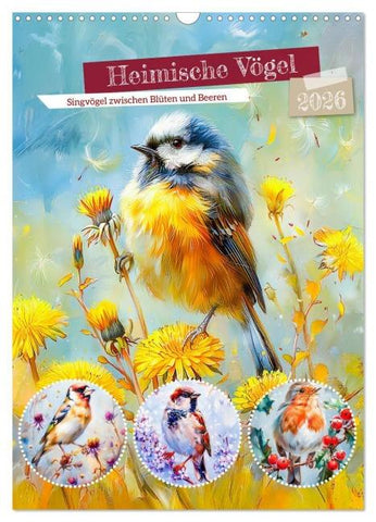 Heimische Vögel - Singvögel zwischen Blüten und Beeren (Wandkalender 2026 DIN A3 hoch), CALVENDO Monatskalender