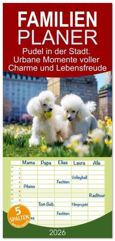 Familienplaner 2026 - Pudel in der Stadt. Urbane Momente voller Charme und Lebensfreude mit 5 Spalten (Wandkalender, 21 x 45 cm) CALVENDO