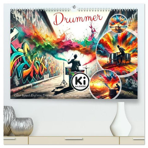Drummer - Color Splash Rhythms: Trommelschläge und Farbexplosionen (hochwertiger Premium Wandkalender 2026 DIN A2 quer), Kunstdruck in Hochglanz