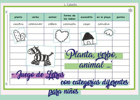 "Planta, verbo, animal ..." - Juego de Letras con categorías diferentes para niños