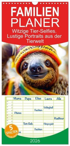 Familienplaner 2026 - Witzige Tier-Selfies. Lustige Portraits aus der Tierwelt mit 5 Spalten (Wandkalender, 21 x 45 cm) CALVENDO