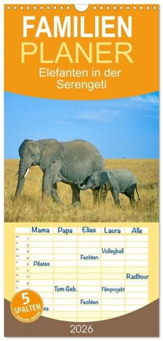 Familienplaner 2026 - Elefanten in der Serengeti mit 5 Spalten (Wandkalender, 21 x 45 cm) CALVENDO