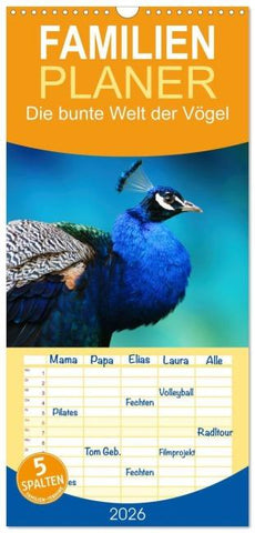 Familienplaner 2026 - Die bunte Welt der Vögel mit 5 Spalten (Wandkalender, 21 x 45 cm) CALVENDO