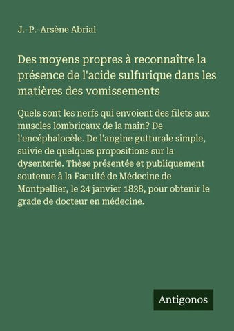 Des moyens propres à reconnaître la présence de l'acide sulfurique dans les matières des vomissements