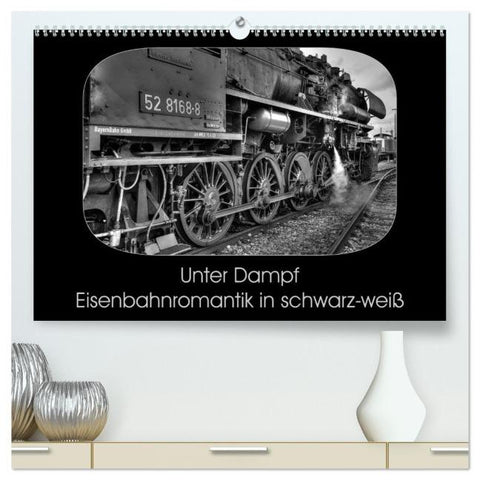 Unter Dampf - Eisenbahnromantik in schwarz-weiß (hochwertiger Premium Wandkalender 2026 DIN A2 quer), Kunstdruck in Hochglanz