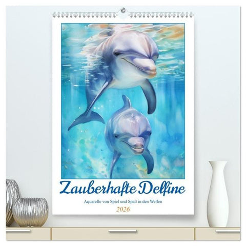 Zauberhafte Delfine. Aquarelle von Spiel und Spaß in den Wellen (hochwertiger Premium Wandkalender 2026 DIN A2 hoch), Kunstdruck in Hochglanz