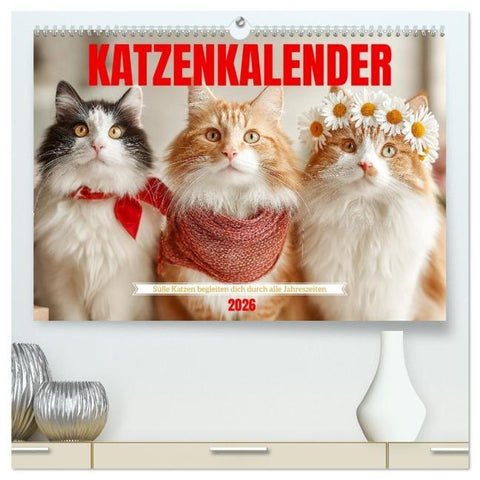 Katzenkalender - Süße Katzen begleiten dich durch alle Jahreszeiten (hochwertiger Premium Wandkalender 2026 DIN A2 quer), Kunstdruck in Hochglanz