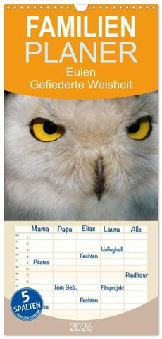 Familienplaner 2026 - Eulen. Gefiederte Weisheit mit 5 Spalten (Wandkalender, 21 x 45 cm) CALVENDO